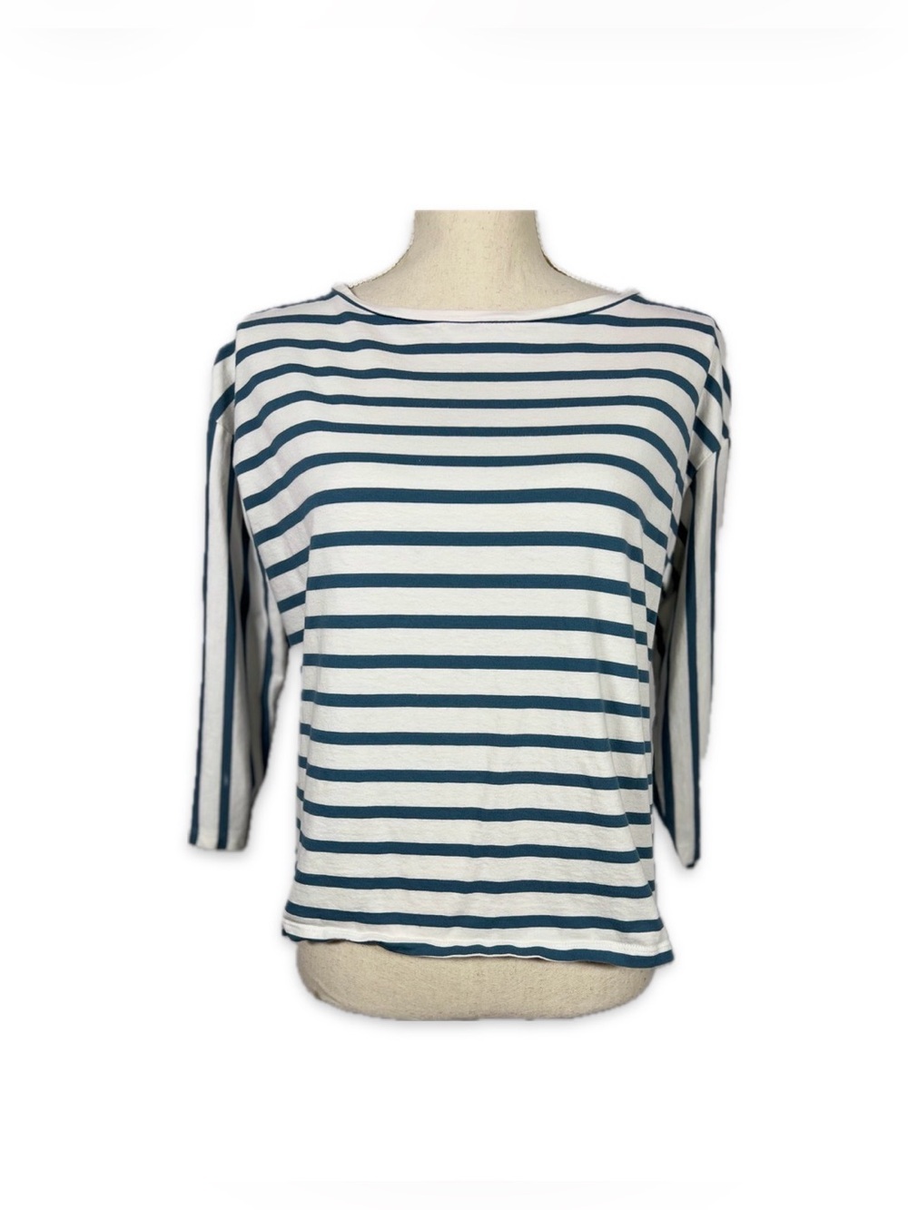 Ann Taylor Petite Striped Boatneck Top M Blue White Cotton Nautical Classic